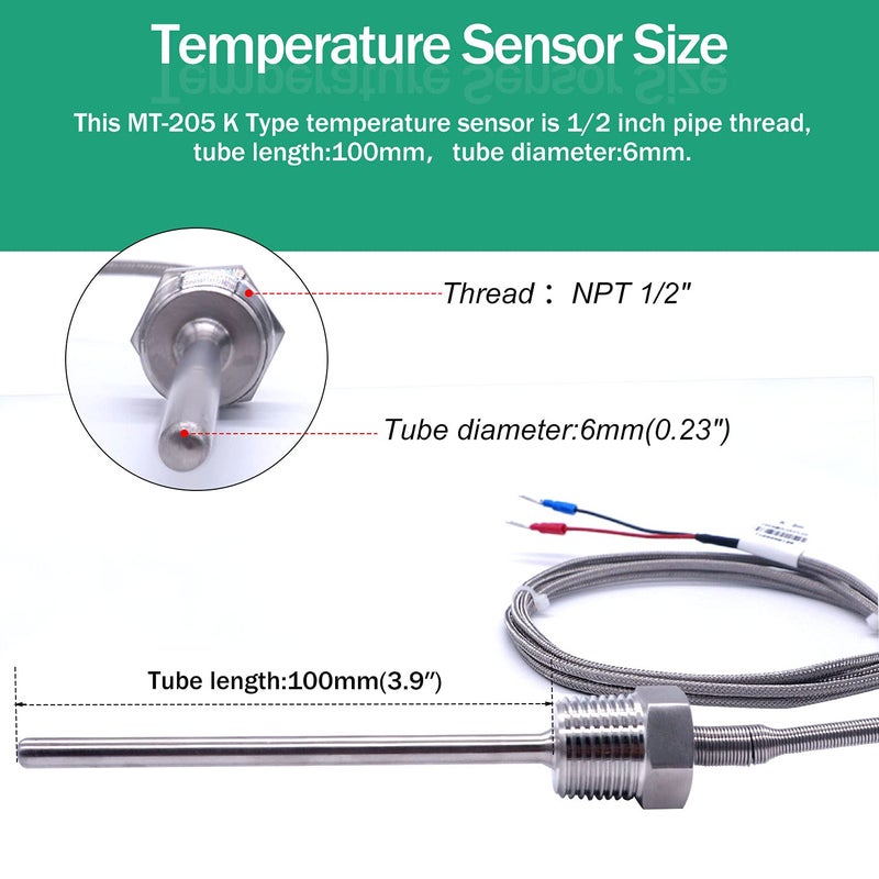 Twidec /2M NPT 1/2"inch (6X100MM) Pipe Thread Temperature Sensor Probe Two Wire Temperature Controller (0~600℃) 304 Stainless Steel K Type Thermocouple MT-205-1/2 - Image 2